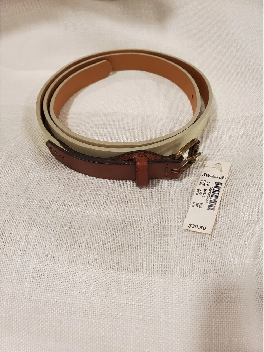 Madewell M/L Medium Large Off White Patent Leather Belt Brown Leather Detail